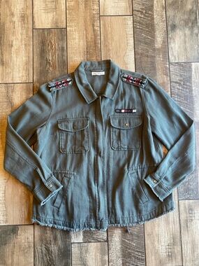 Indigo Thread Co Olive Green Military-Style Embellished Jacket